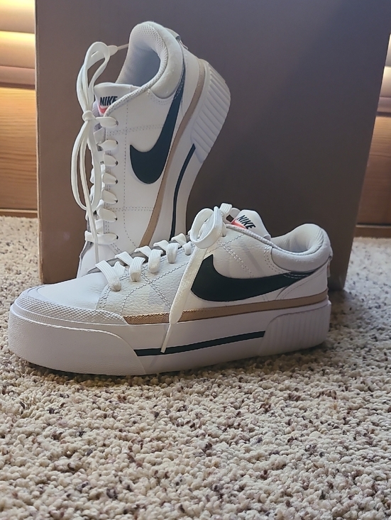 Nike Shoes - Nike White Platform Sneakers with Black Swoosh and Gold Trim